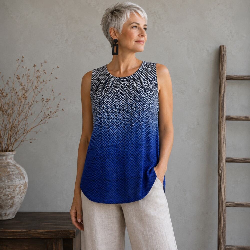 Chico's Blue Black White Diamond Print Mesh Knit Tank Top 2